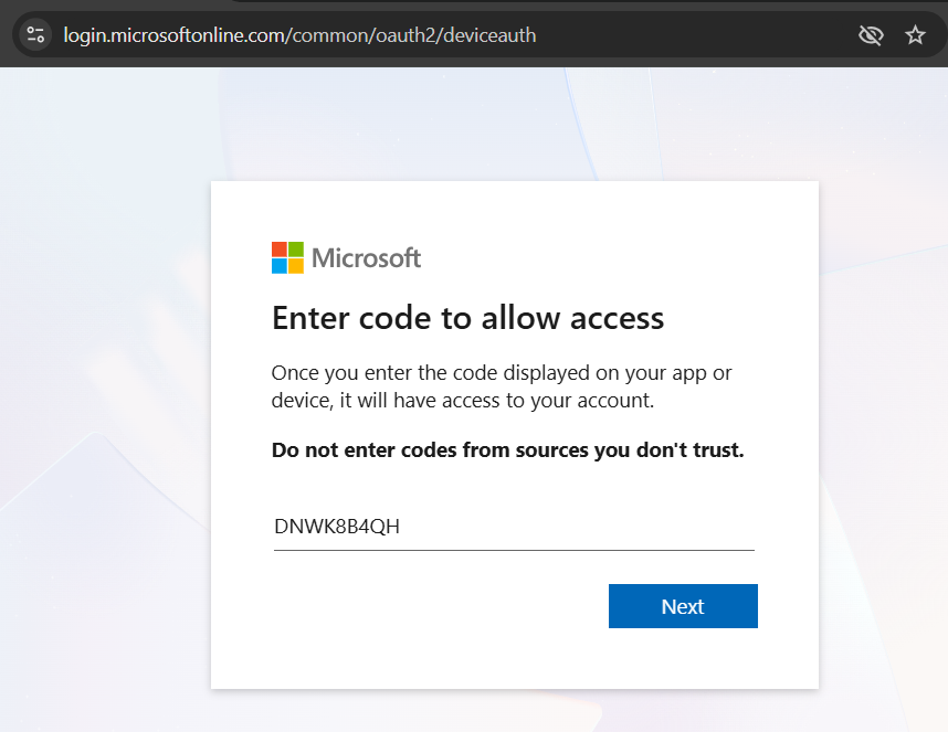 Asking victim to enter the code